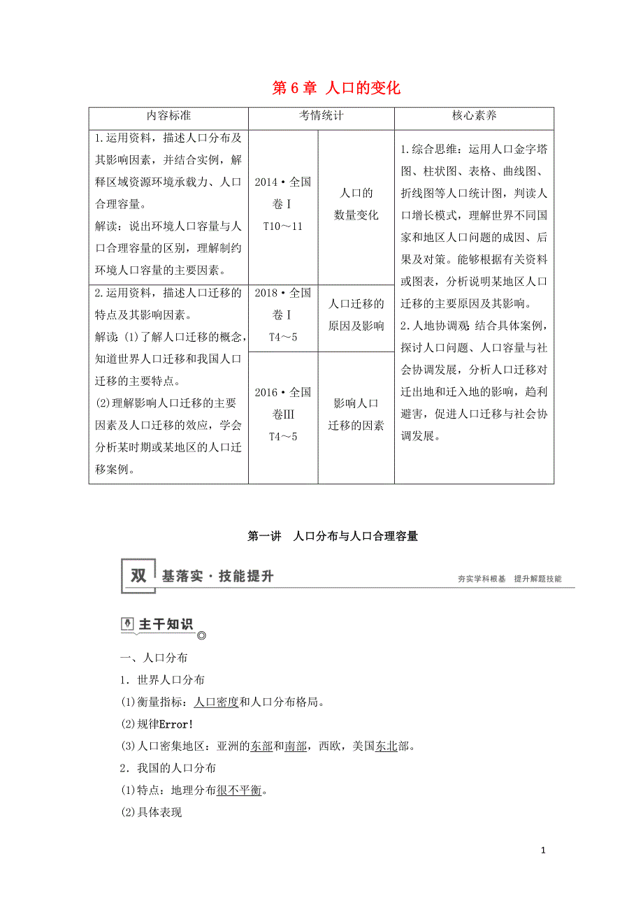 （山东专用）2020版高考地理一轮总复习 第6章 人口的变化 第一讲 人口分布与人口合理容量教案（含解析）鲁教版_第1页