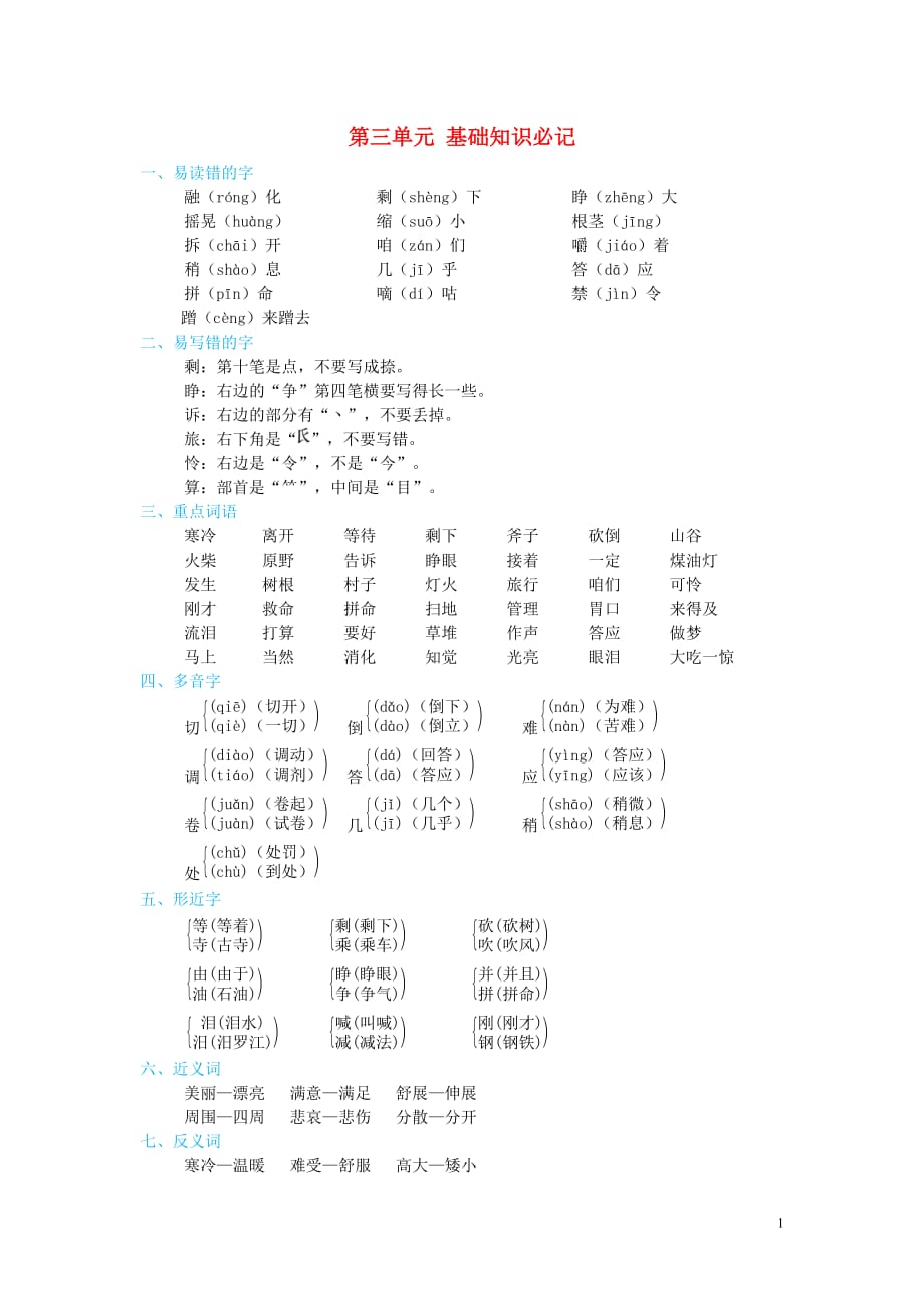 2019年秋三年级语文上册 第三单元 基础知识必记 新人教版_第1页