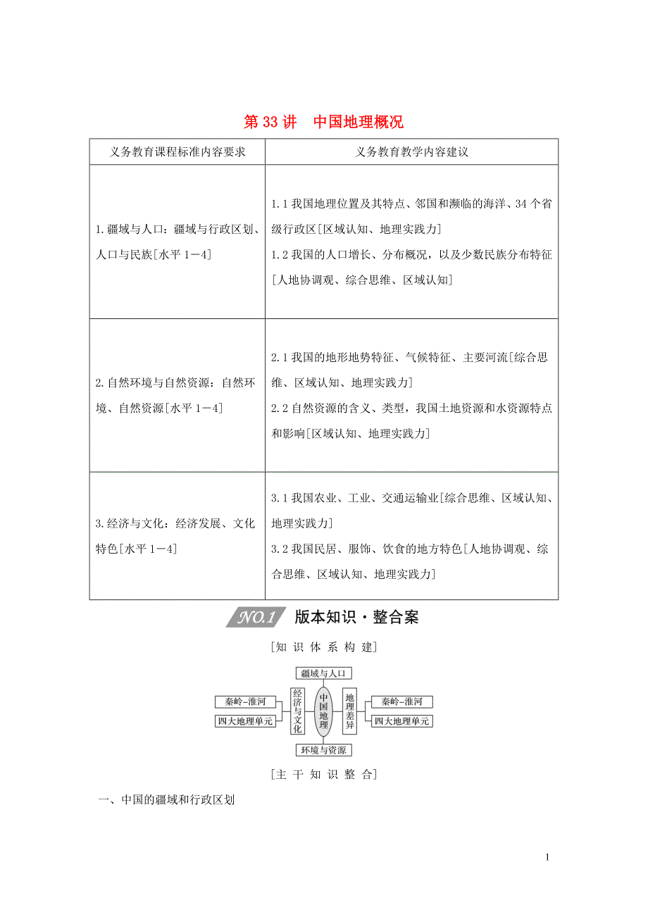 （四川专用）2020版高考地理一轮复习 第十四单元 中国地理 第33讲 中国地理概况教案（含解析）新人教版_第1页