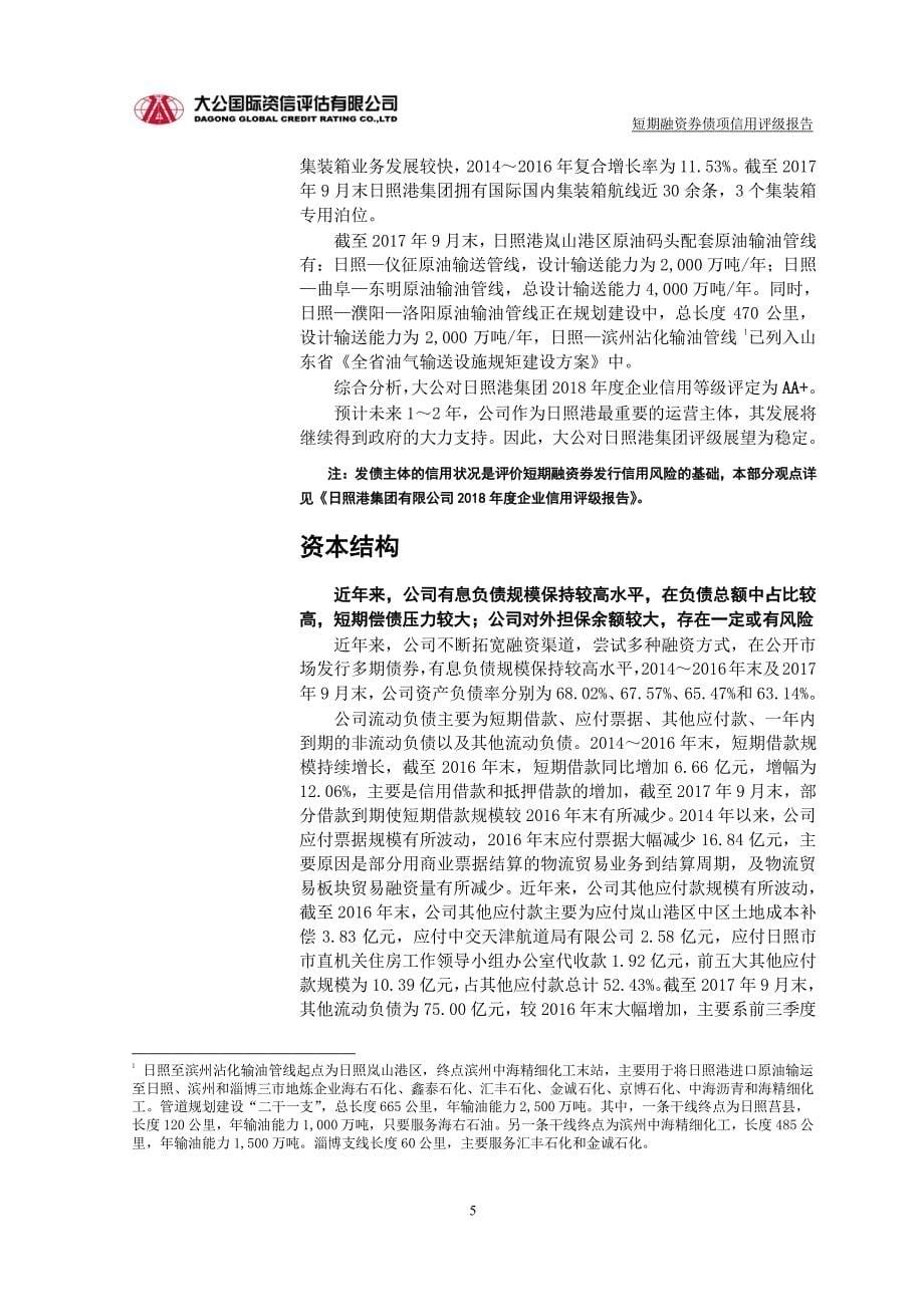 日照港集团有限公司2018年度第一期短期融资券债项信用评级报告及跟踪评级安排_第5页