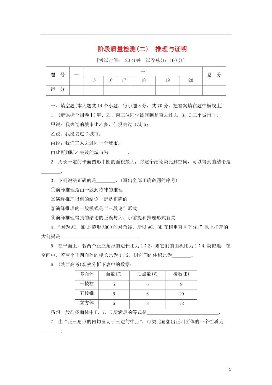 2017-2018学年高中数学 阶段质量检测（二）推理与证明 苏教版选修2-2_第1页