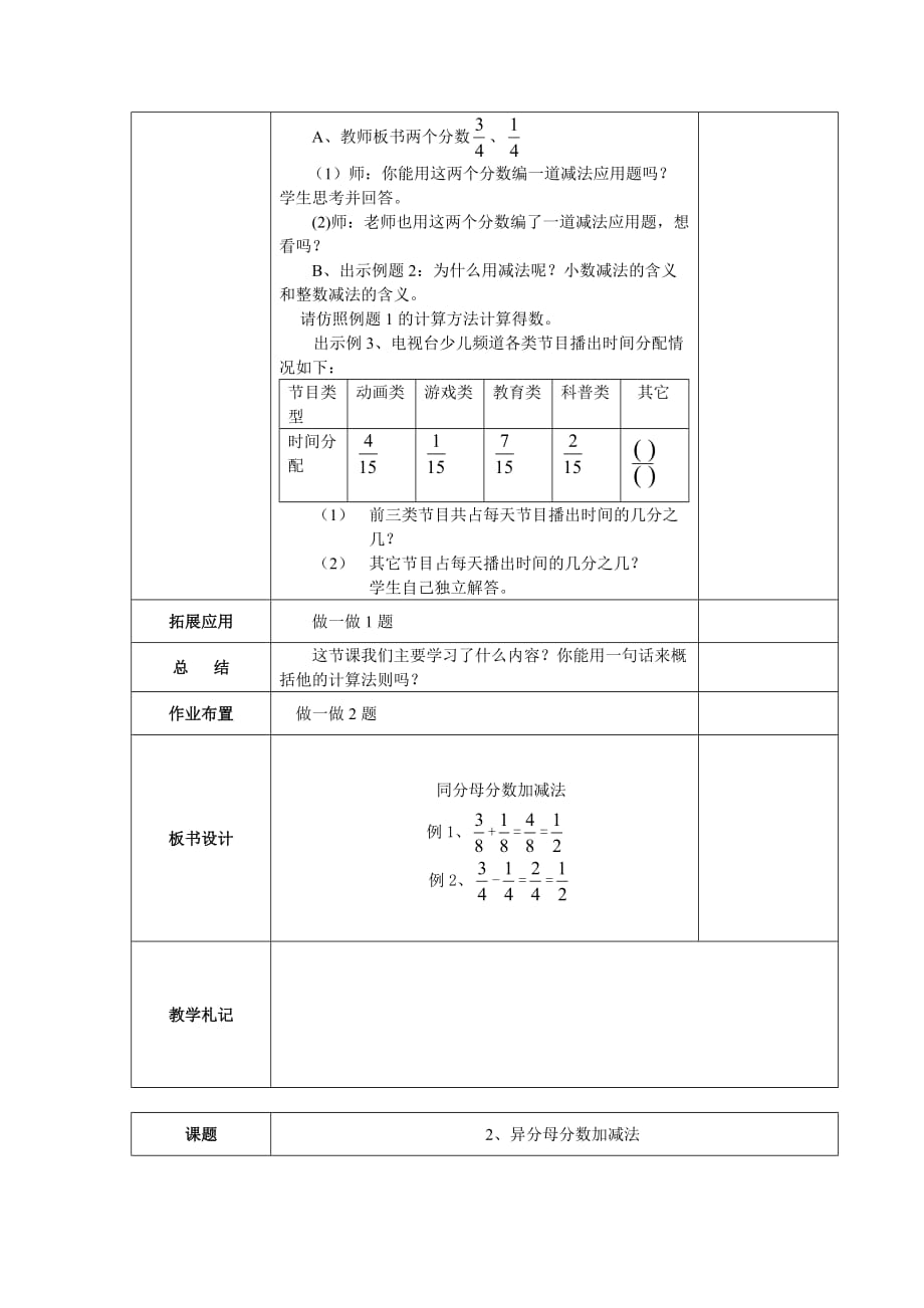 人教版小学五年级数学下册第6单元《分数的加法与减法》教案表格式_第2页