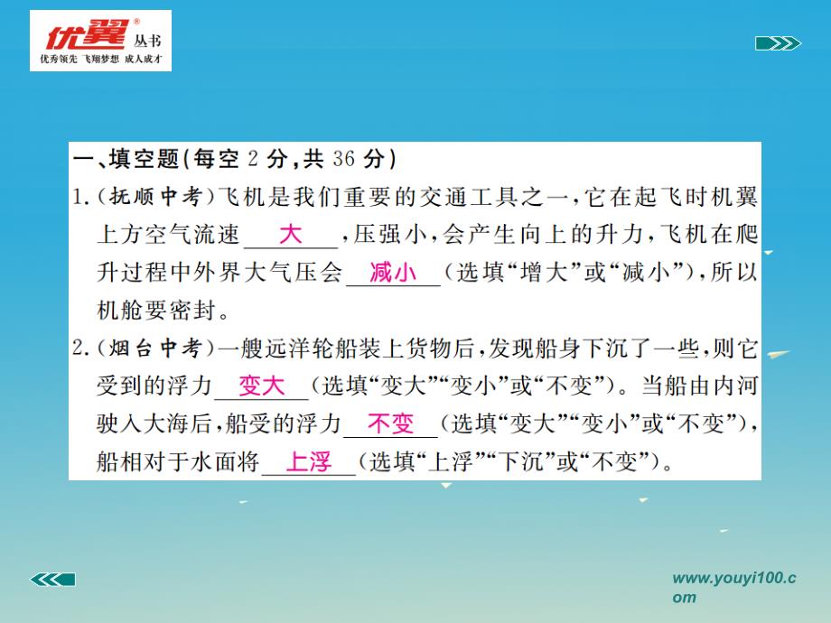 2017年春八年级物理下册 10 液体的力现象检测卷课件 （新版）教科版_第2页