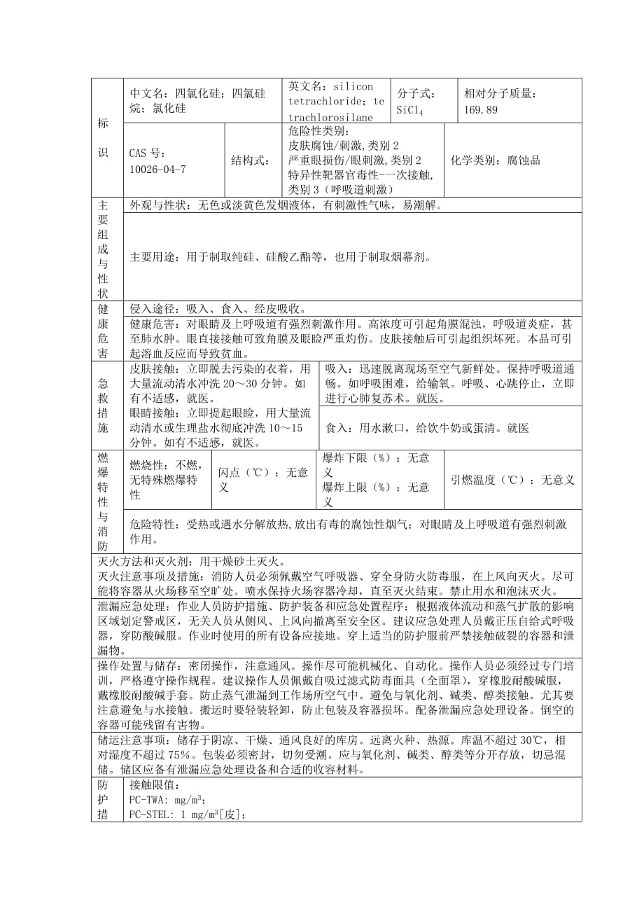 四氯化硅 危险特性表_第1页