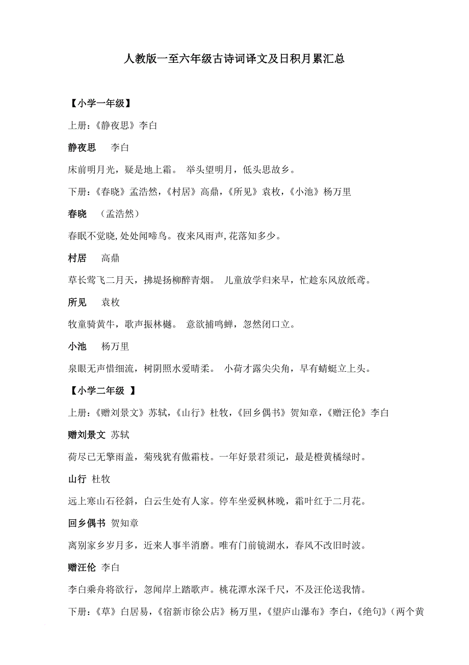 人教版小学一至六年级古诗词译文及日积月累汇总_第1页