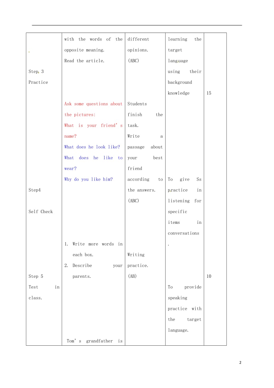 七年级英语下册 unit 9 what does he look like section b（2a-self check）教案 （新版）人教新目标版_第2页