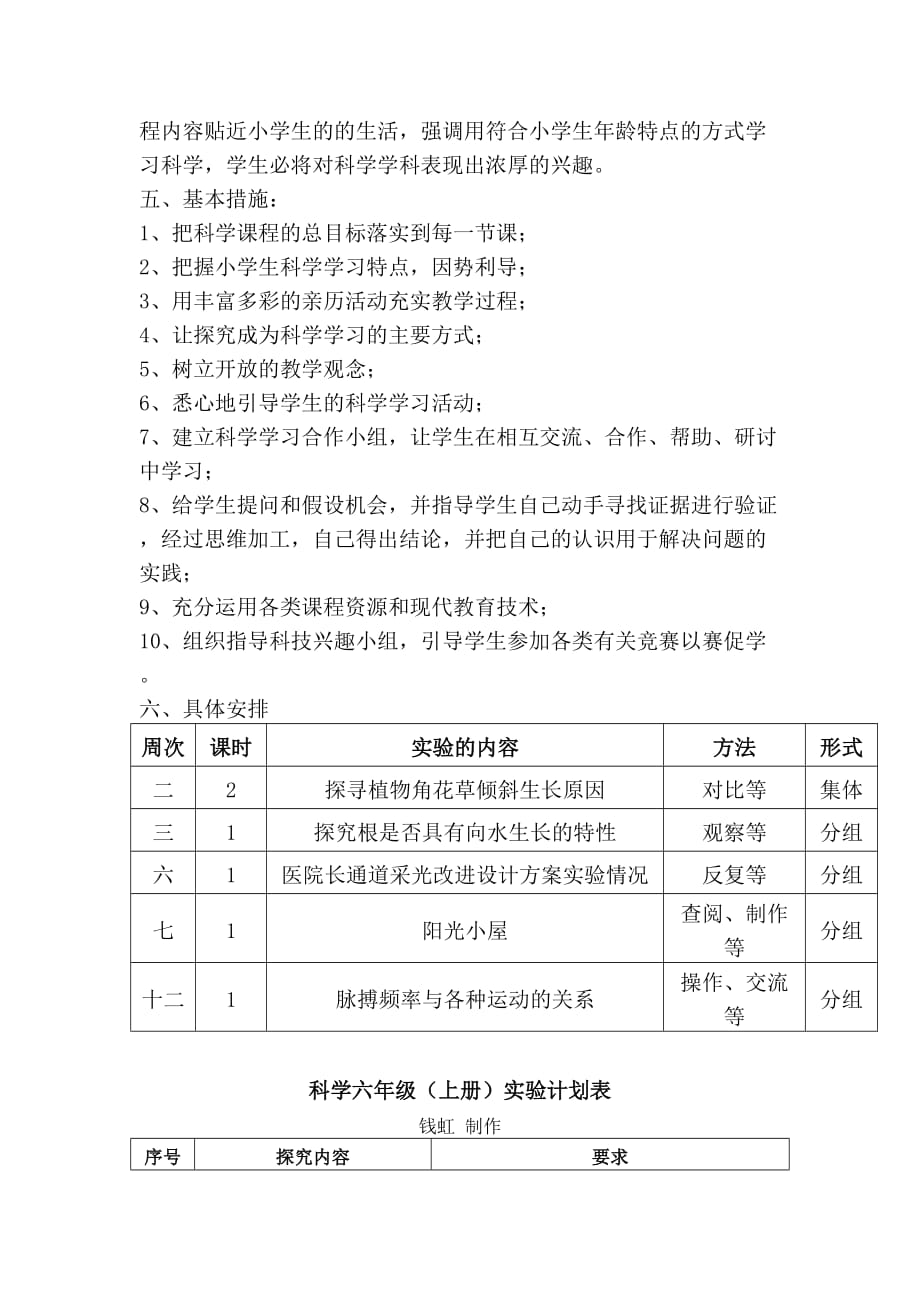 六年级  科学上册实验教学工作计划_第3页