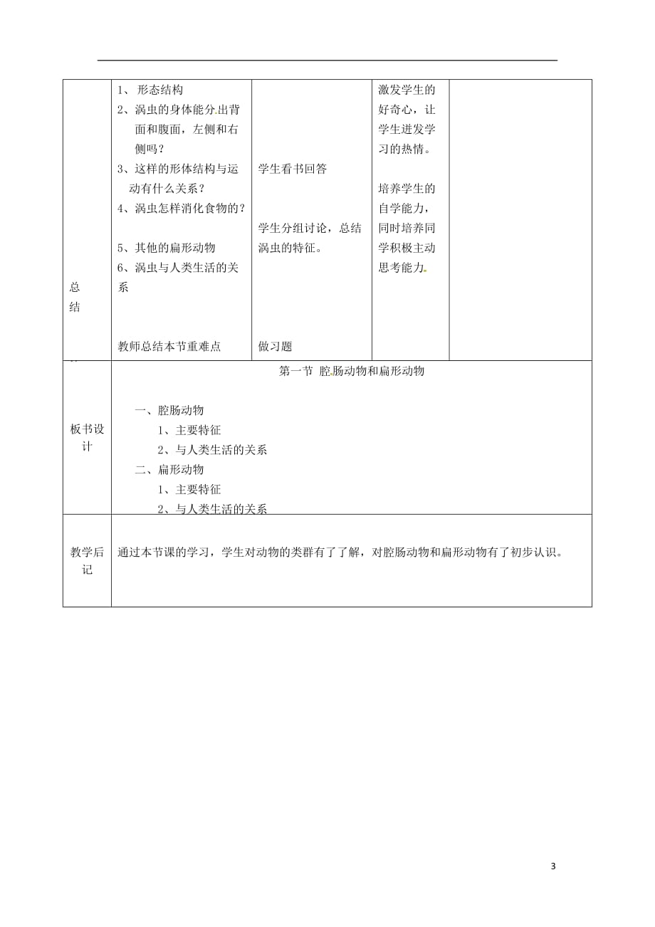 吉林省双辽市八年级生物上册 第五单元 第一章 第一节 腔肠动物和扁形动物教案 （新版）新人教版_第3页