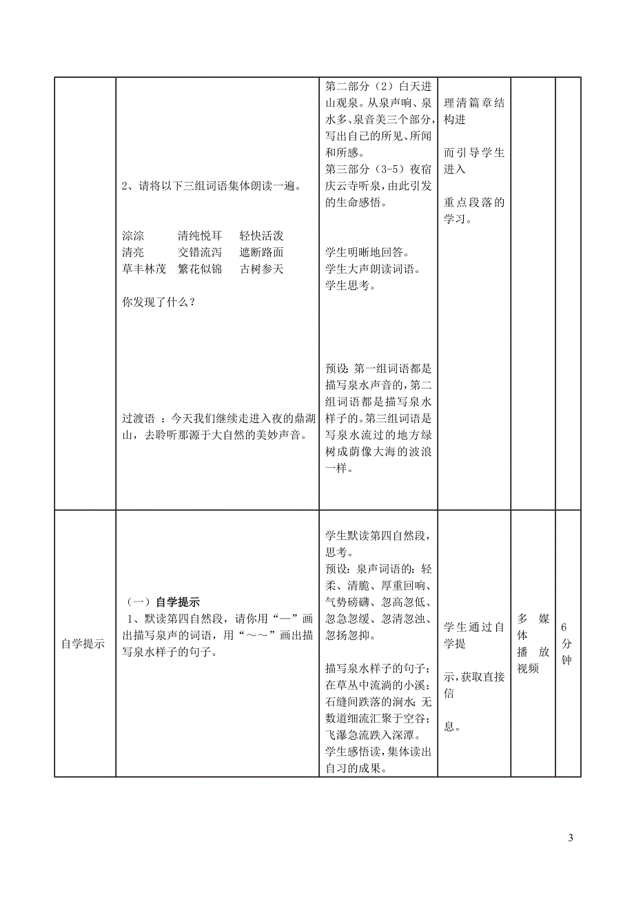 六年级语文上册 第四单元 14 鼎湖山听泉教案 北京版_第3页