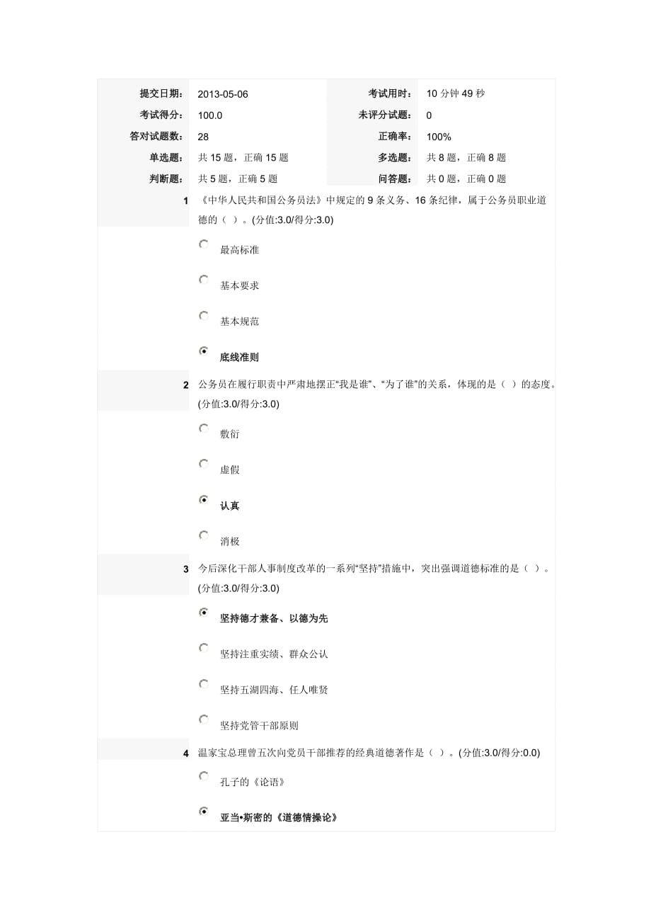 公务员职业道德修养概述在线测试题(100分)_第1页