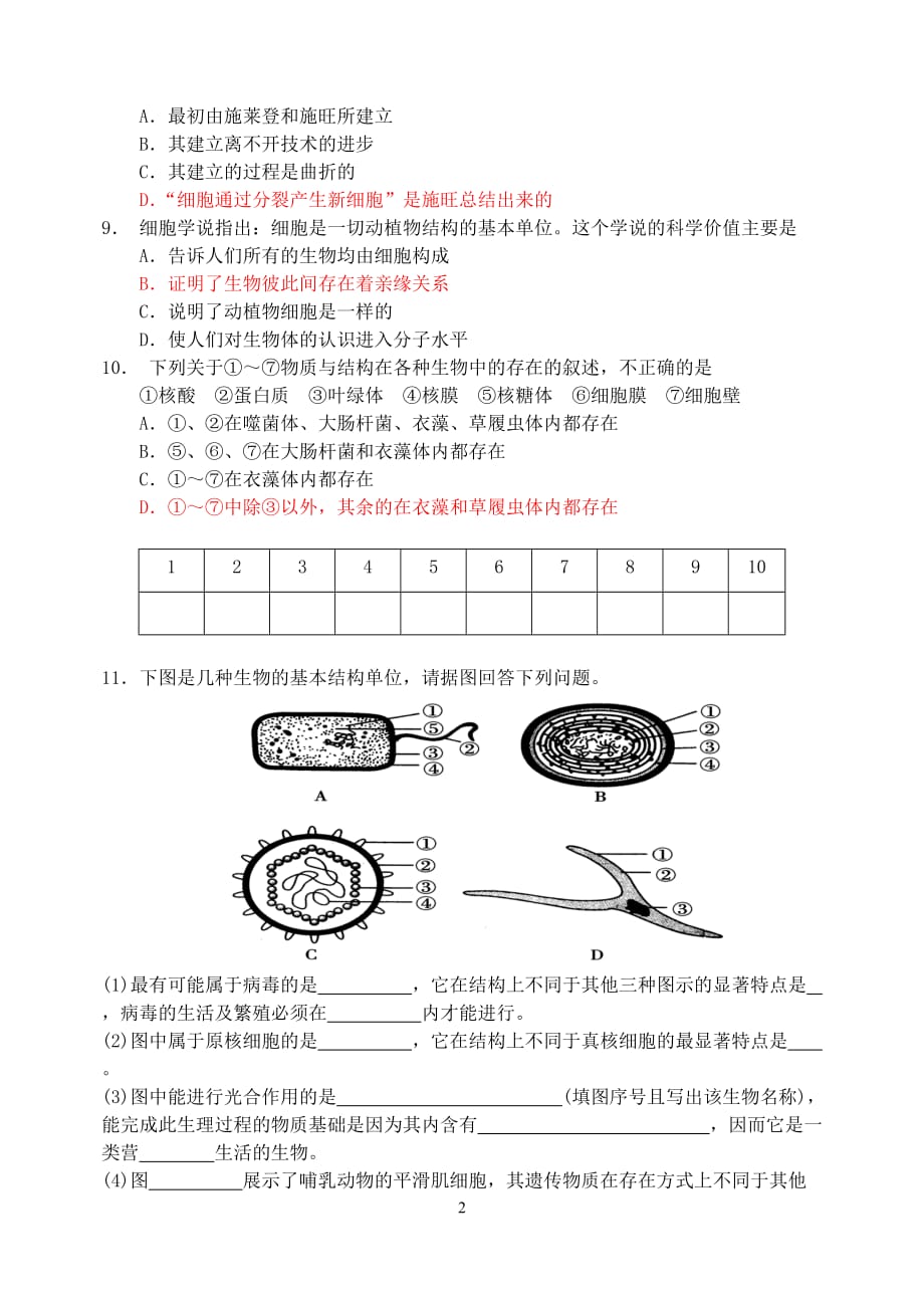 3细胞的多样性和统一性测试题_第2页