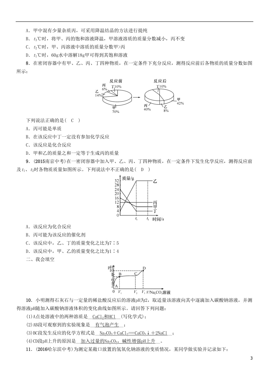 （青海专版）2017中考化学命题研究 第二编 重点题型突破篇 专题三 坐标曲线题（精练）试题_第3页