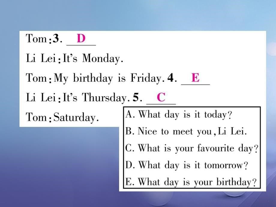 （浙江专用）2017秋七年级英语上册 starter module 4 my everyday life unit 1 what day is it today习题课件 （新版）外研版_第5页