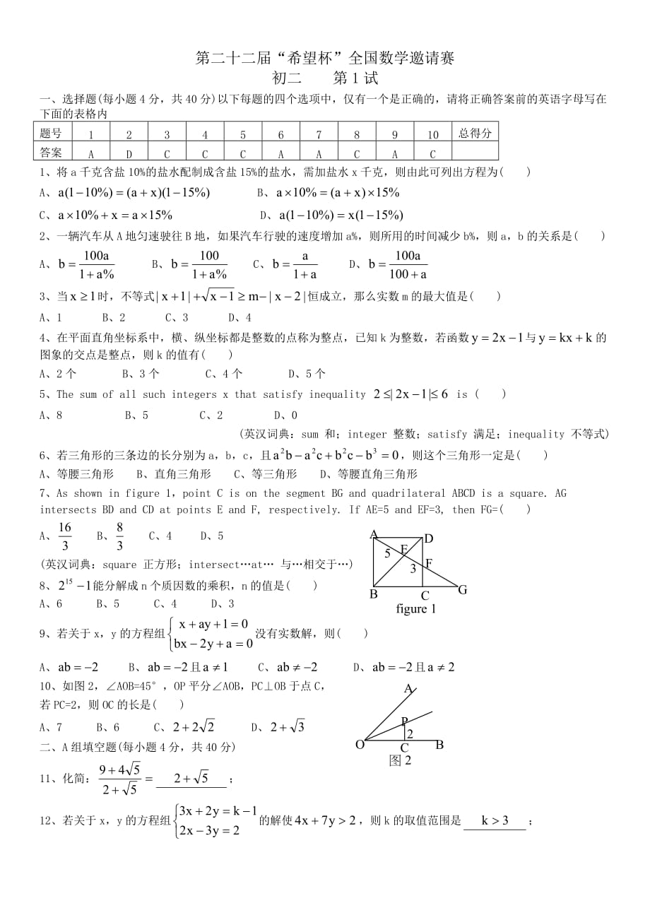 初二第22届希望杯”一试试题+解析_第1页