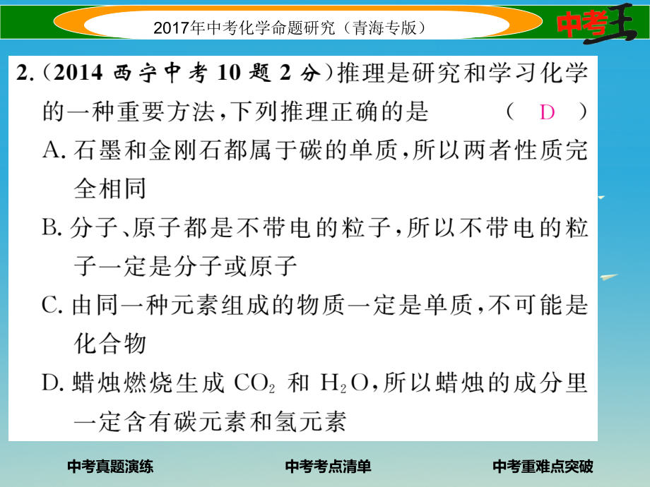 （青海专版）2017中考化学命题研究 第一编 教材知识梳理篇 第六单元 碳和碳的氧化物（精讲）课件_第3页