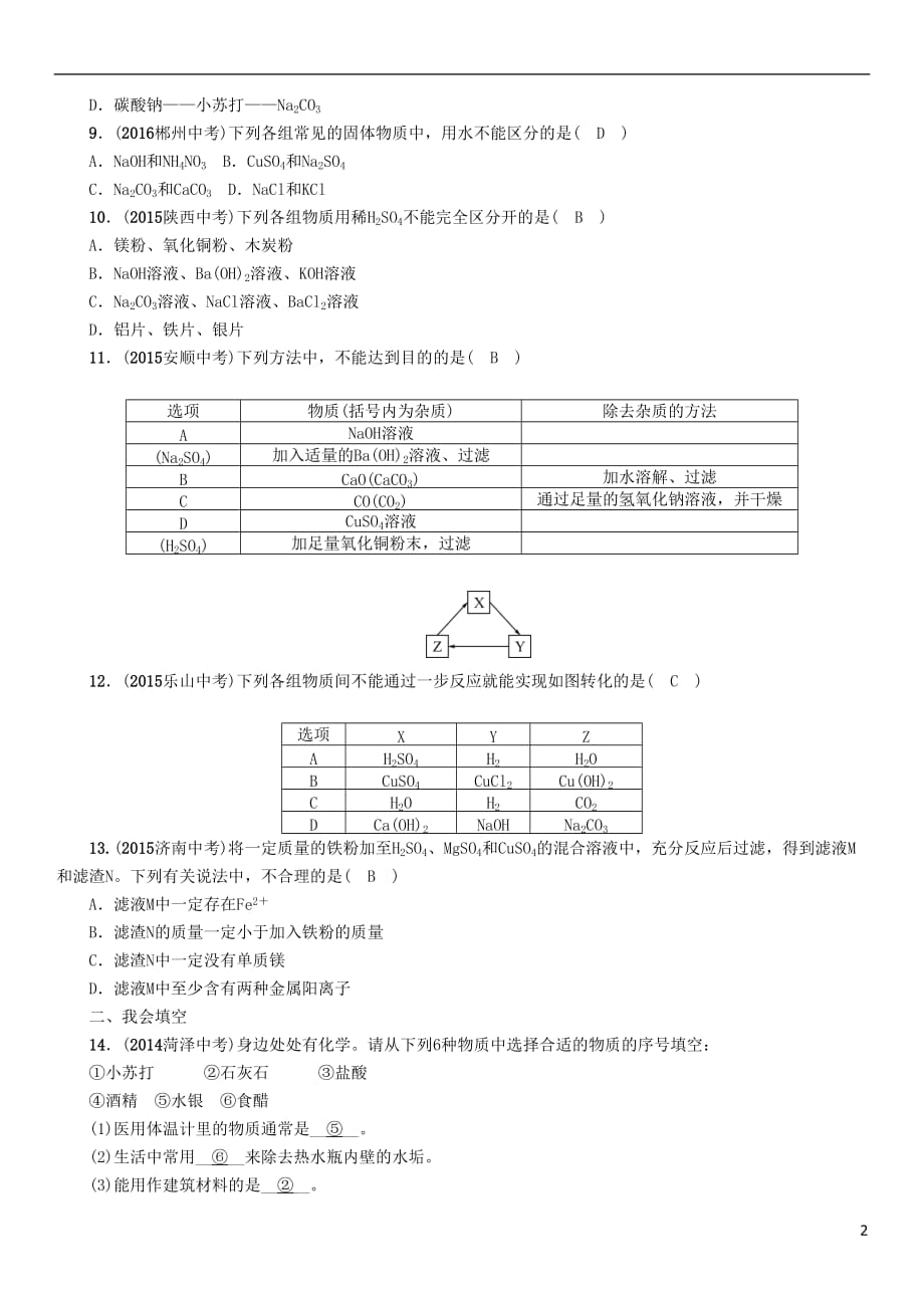 （青海专版）2017中考化学命题研究 第一编 教材知识梳理篇 第十一单元 盐 化肥（精练）试题_第2页