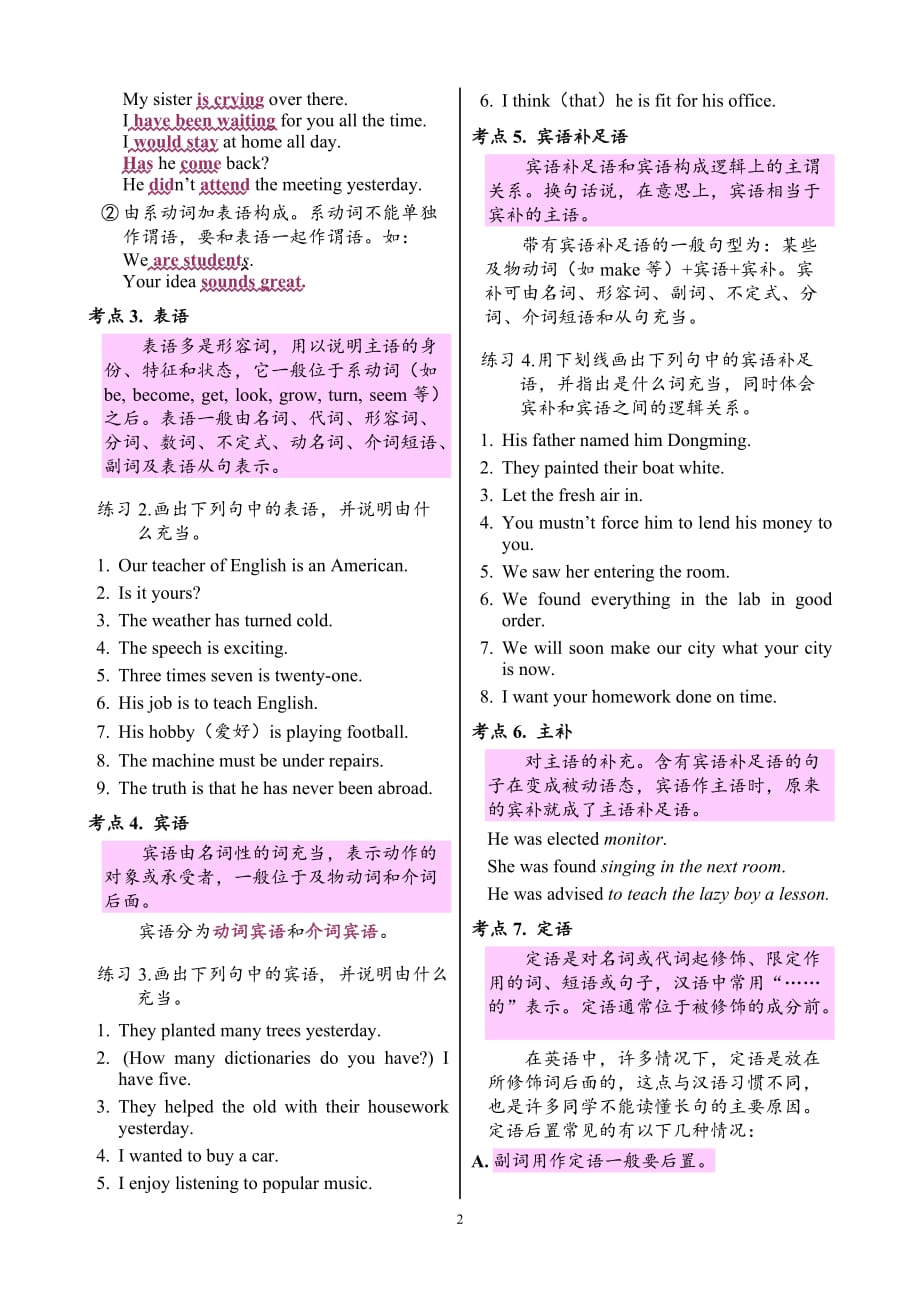 专题二-高中英语语法句子结构成分分析主语谓语宾语定语状语补语_第2页