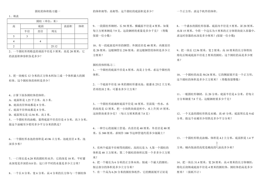 圆柱、圆锥的体积(练习题超全)-自己整理(国标)_第1页