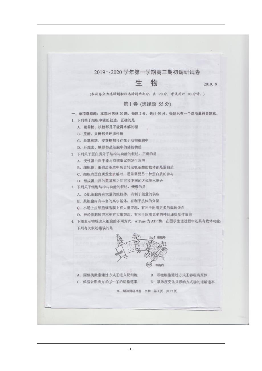 江苏省常熟中学2020届高三上学期期初调研试卷生物图片版含答案_第1页