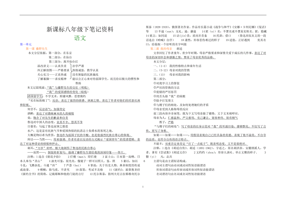 人教版八年级语文下册笔记资料全套_第1页