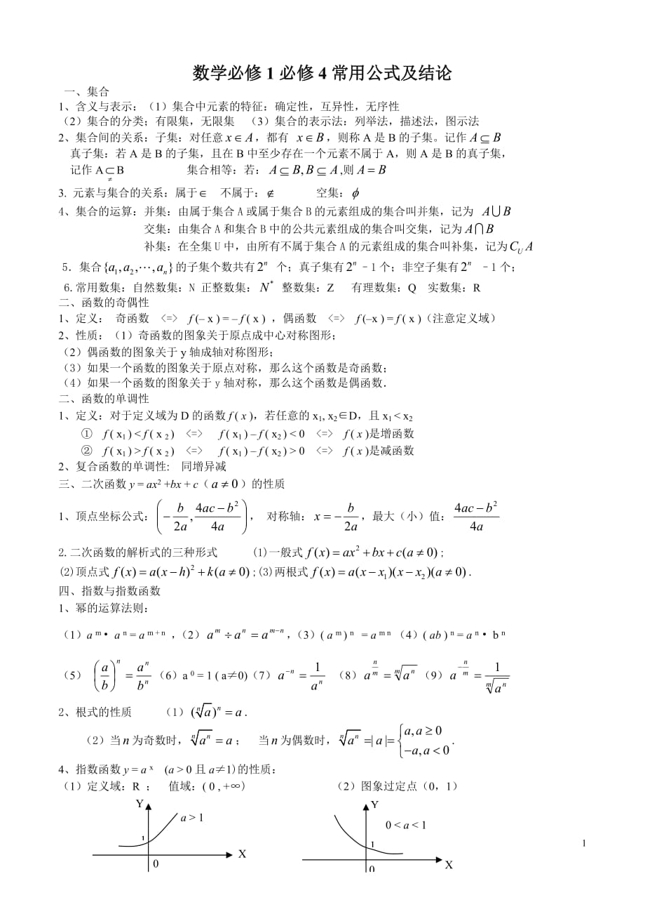 新课标高中数学必修1必修四公式大全资料_第1页