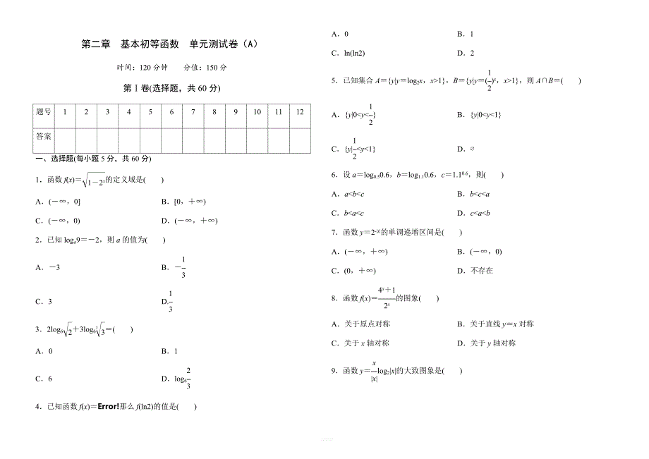 高中数学人教版必修1第二章基本初等函数单元测试卷（A）（含答案）_第1页