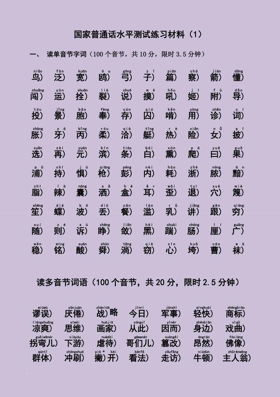 国家普通话水平测试练习材料(-1-20).doc_第1页