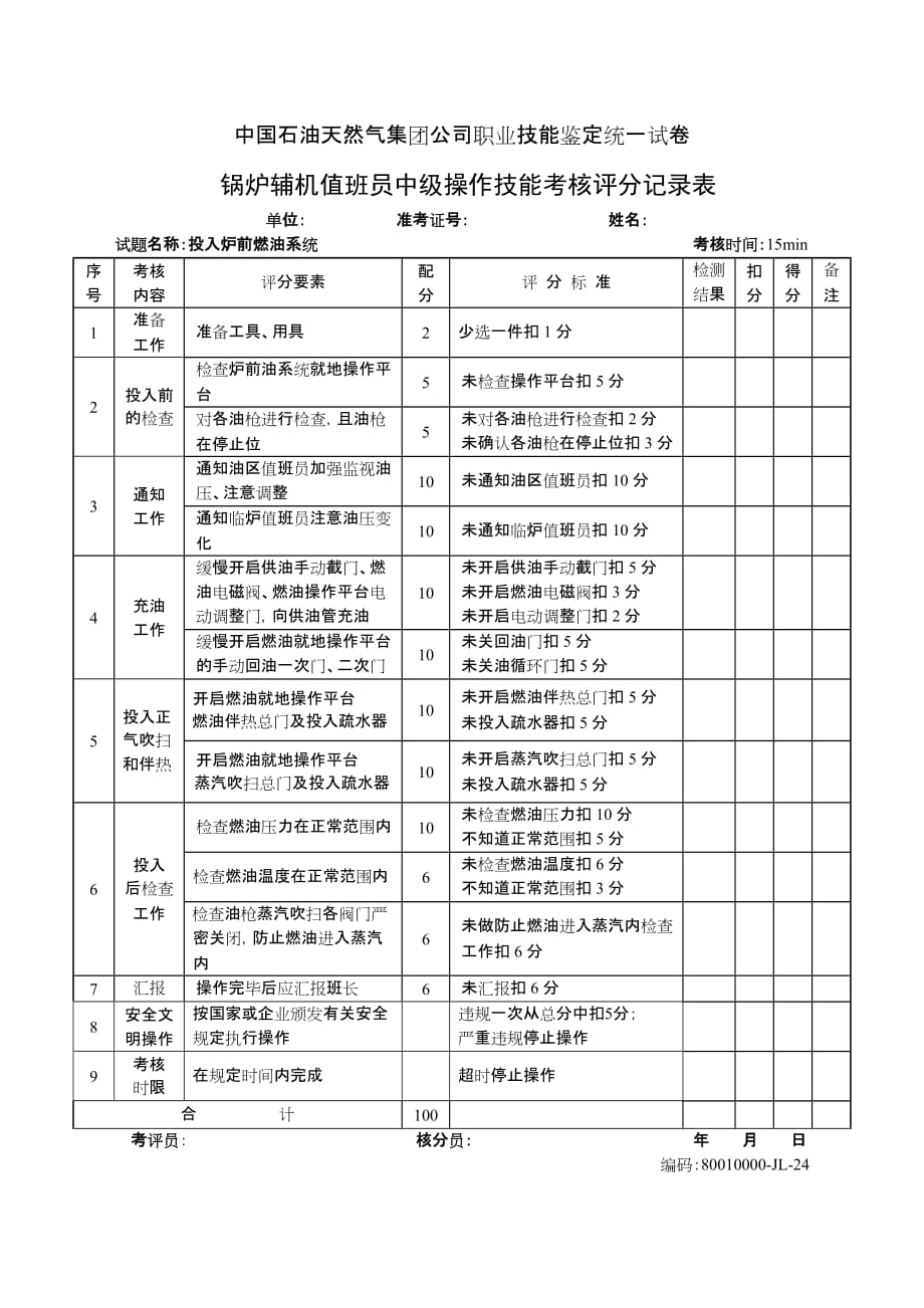 中国石油天然气集团公司职业技能鉴定统一试卷-锅炉辅机值班员中级操作技能考核评分记录表_第4页