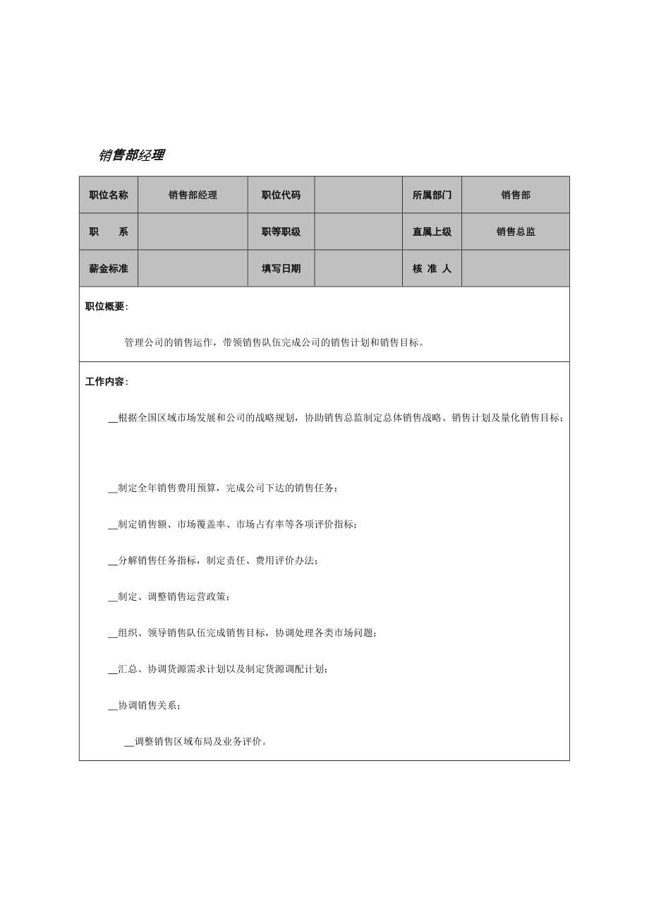 某企业销售部经理岗位职务说明.doc_第1页