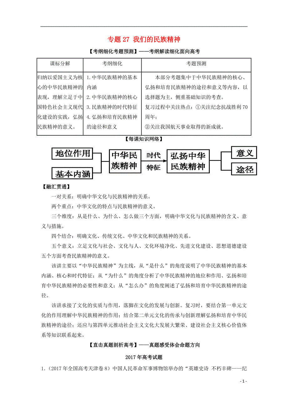 2018年高考政治一轮复习 专题27 我们的民族精神（讲）（含解析）新人教版必修3_第1页