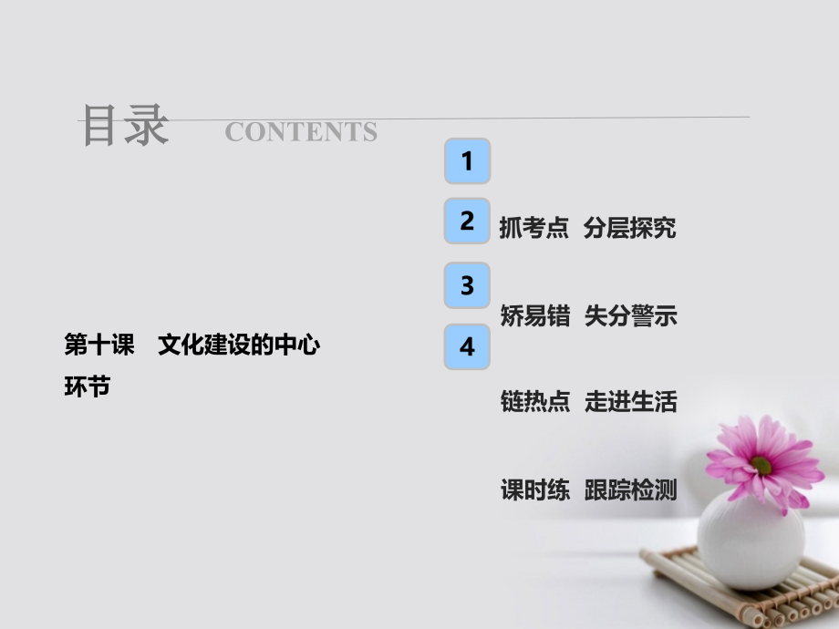 2018年高考政治一轮复习 第三部分 第四单元 发展中国特色社会主义文化 第十课 文化建设的中心环节课件_第1页