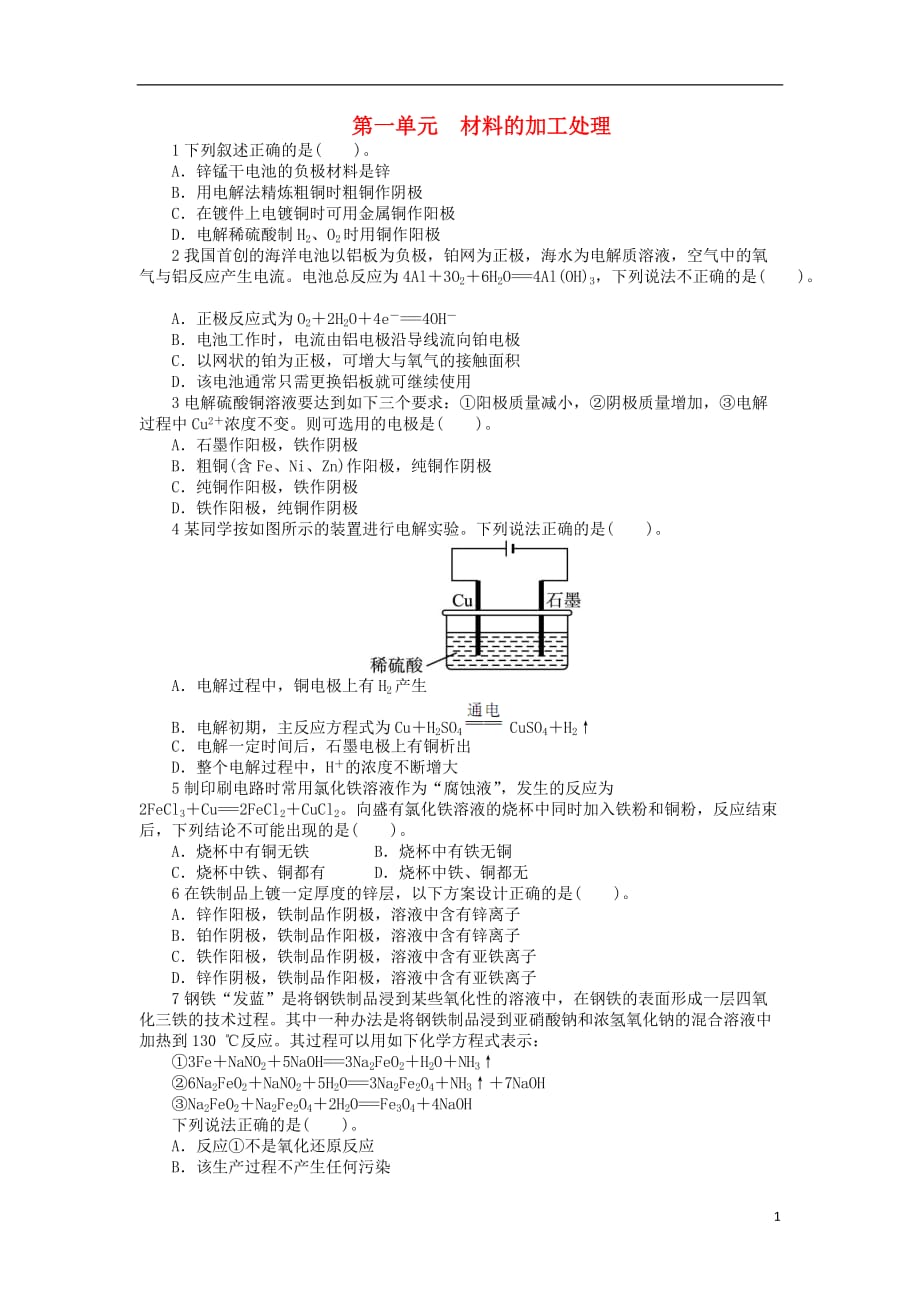 高中化学 专题四 材料加工与性能优化 第一单元 材料的加工处理课后训练 苏教版选修2_第1页