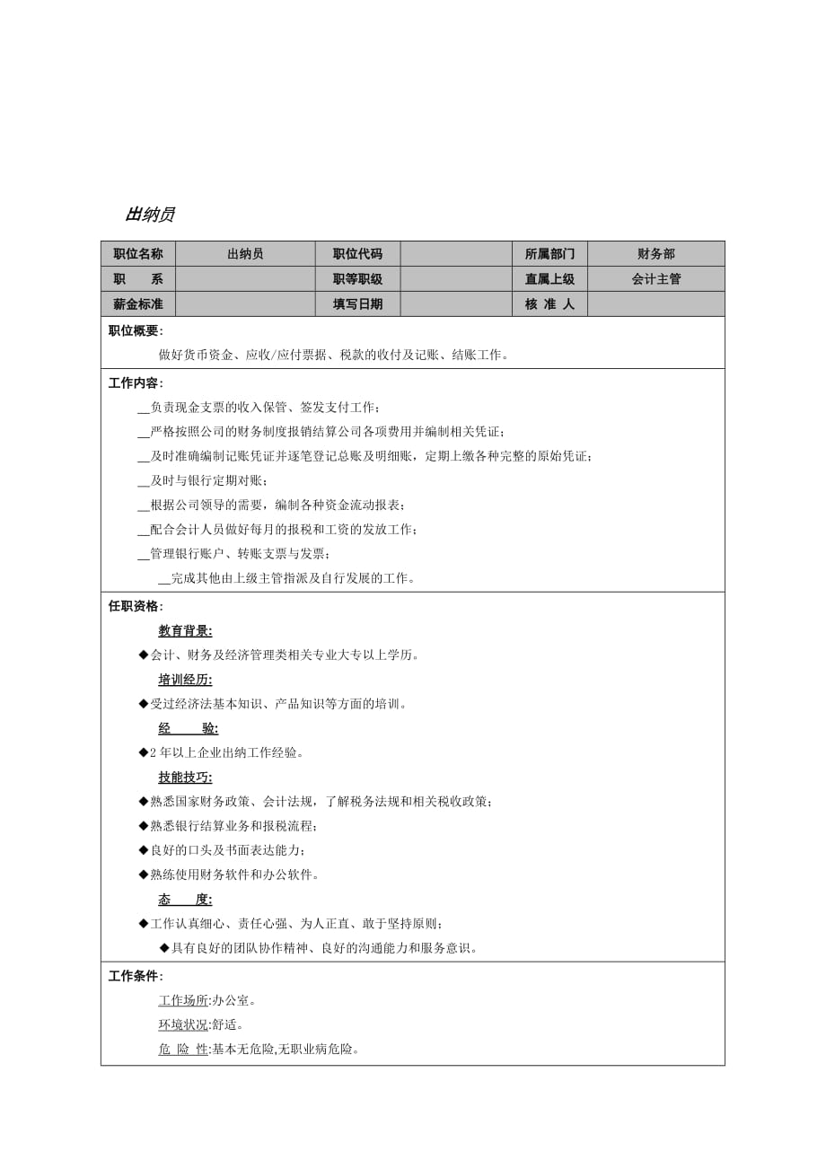 财务部出纳员岗位描述.doc_第1页