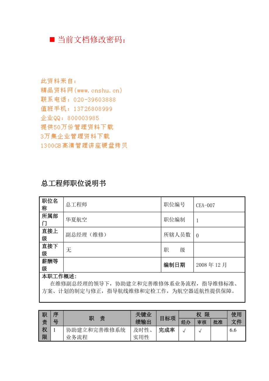 航空公司总工程师岗位说明.doc_第1页