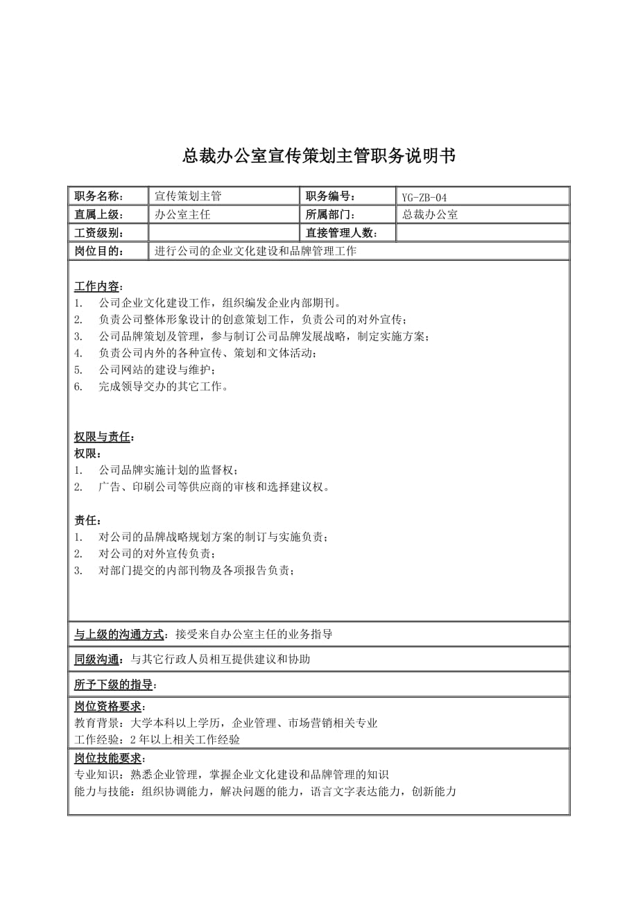 宣传策划主管岗位职责.doc_第1页