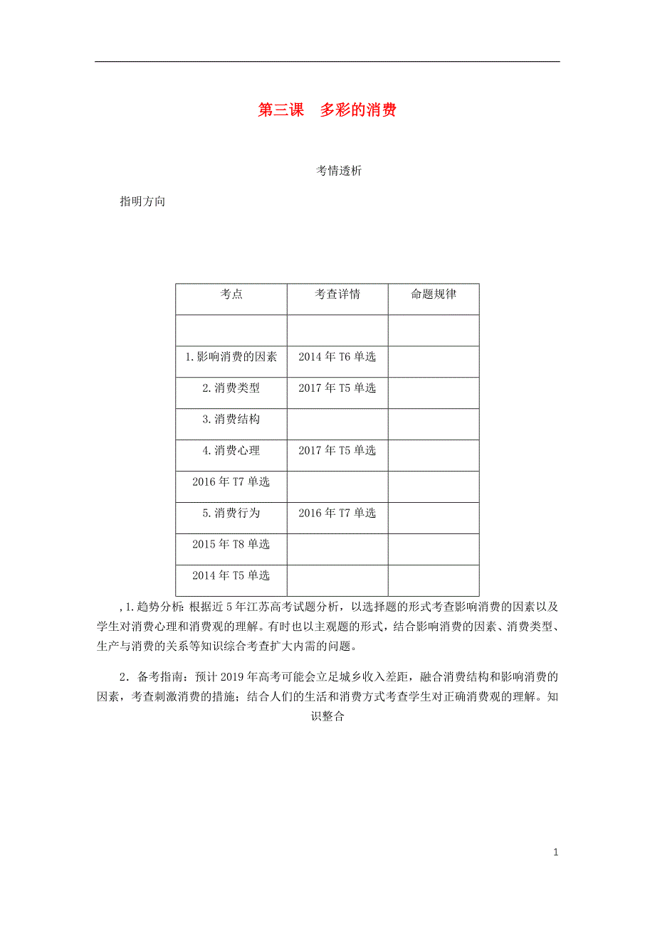 江苏专版2019年高考政治总复习第一单元生活与消费第三课多彩的消费讲义新人教版必修_第1页