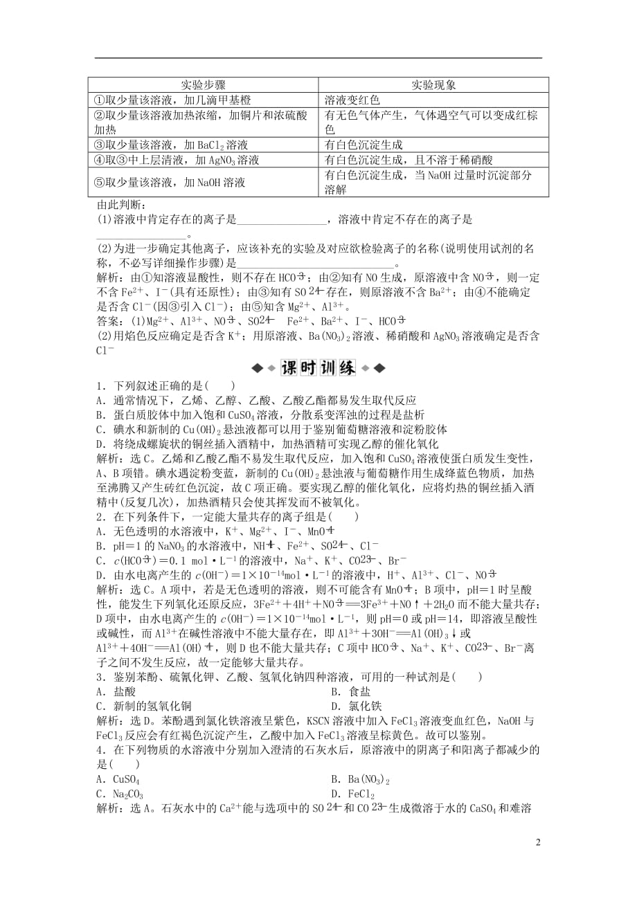 高中化学 主题3 物质的检测 课题1 物质组分的检验同步测试 鲁科版选修6_第2页