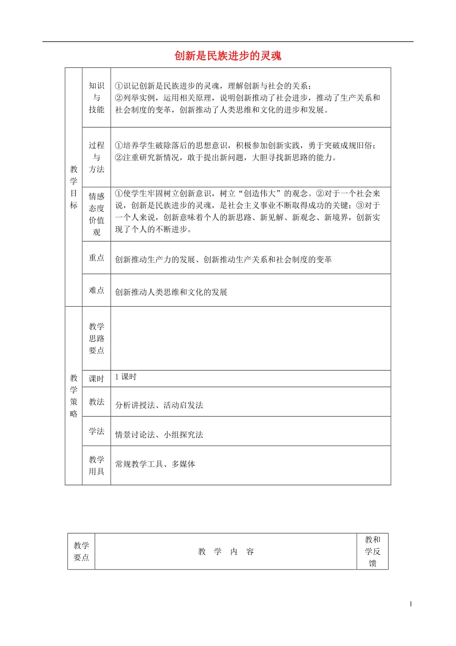 四川省宜宾市一中2015-2016学年高中政治上学期 3.10.2 创新是民族进步的灵魂教学设计_第1页