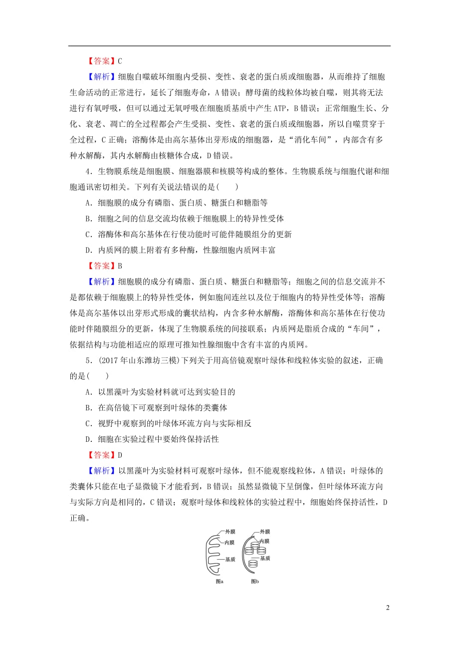 2019高考生物大一轮复习 第2单元 细胞的结构与物质的输入和输出 第2讲 细胞器&mdash;&mdash;系统内的分工合作课后提能演练 新人教版必修1_第2页