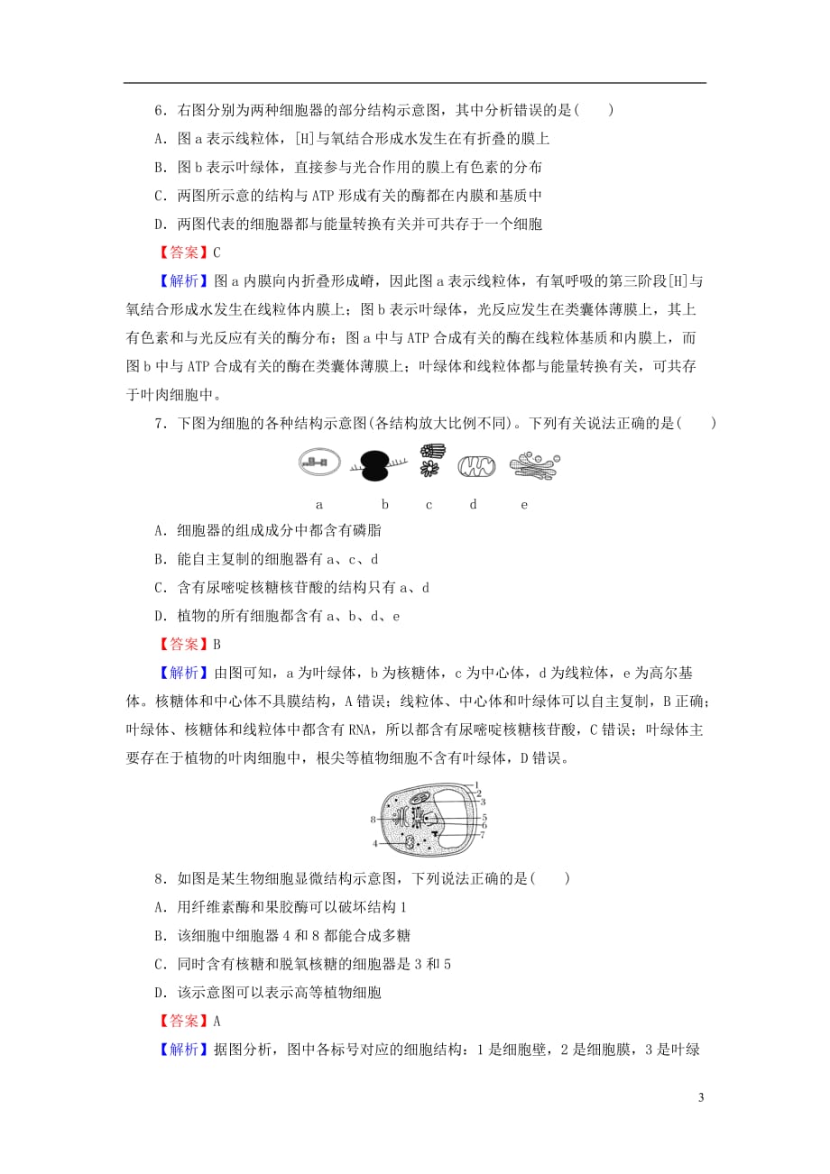 2019高考生物大一轮复习 第2单元 细胞的结构与物质的输入和输出 第2讲 细胞器&mdash;&mdash;系统内的分工合作课后提能演练 新人教版必修1_第3页