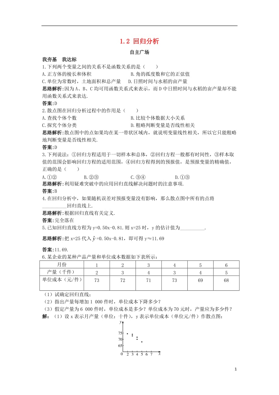 高中数学 第1章 统计案例 1.2 回归分析自主练习 苏教版选修1-2_第1页