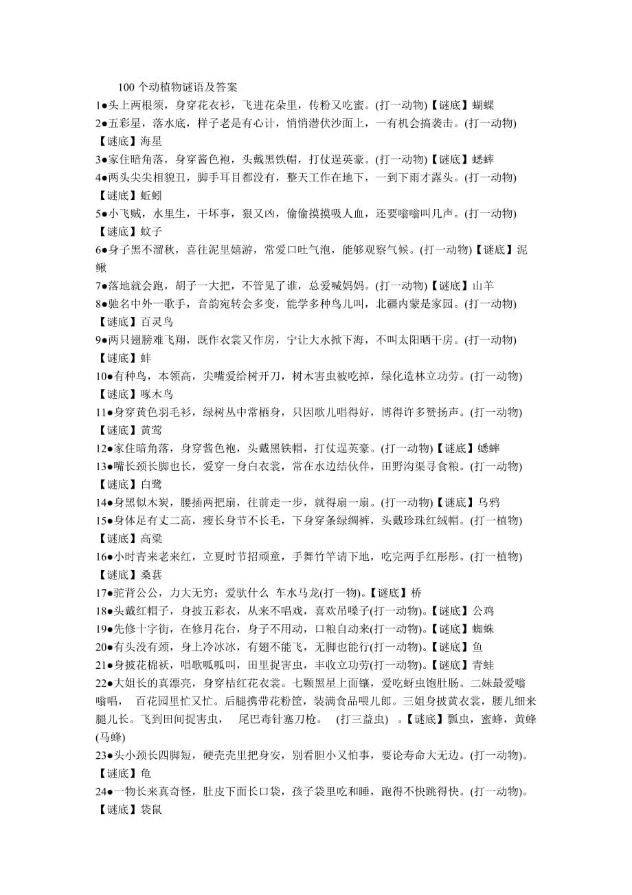 100个动植物谜语及答案_第1页