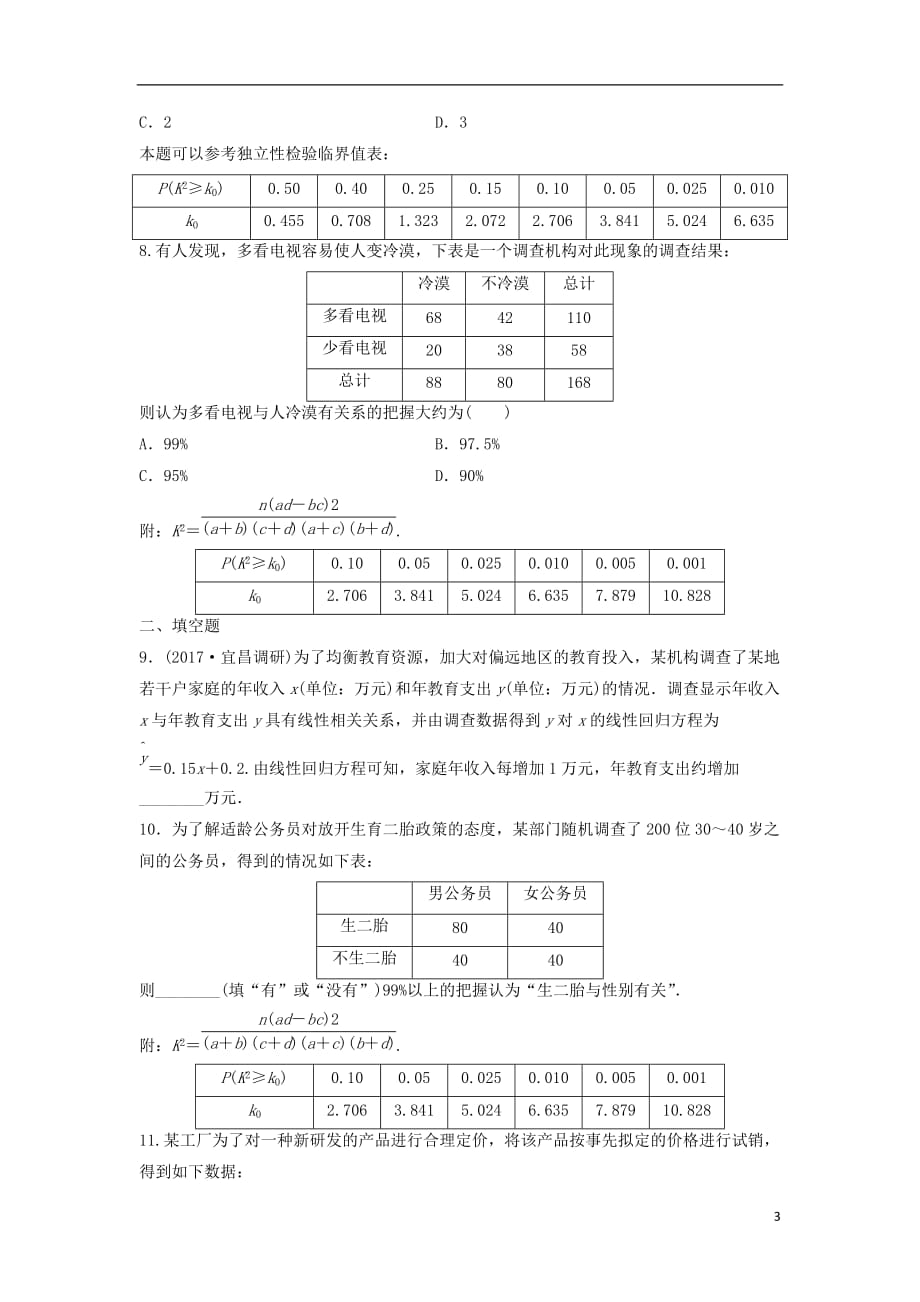 2018届高三数学 第73练 变量间的相关关系及统计案例练习_第3页