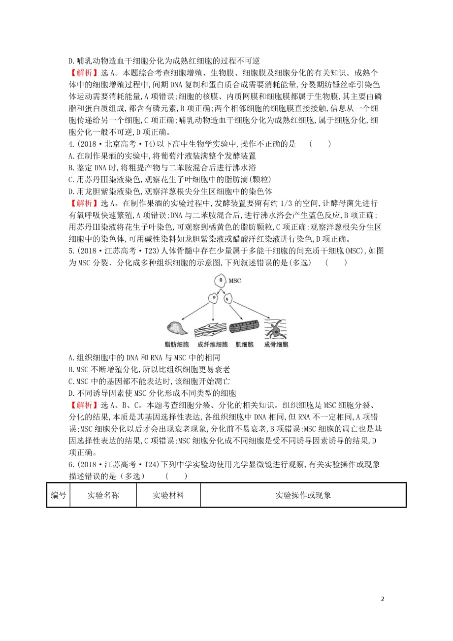 2020届高考生物一轮复习 高考真题分类题库 2018年知识点5 细胞的增殖、分化、衰老、癌变和凋亡（含解析）_第2页