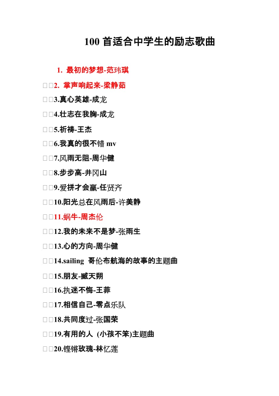 100首适合中学生的励志歌曲.doc_第1页