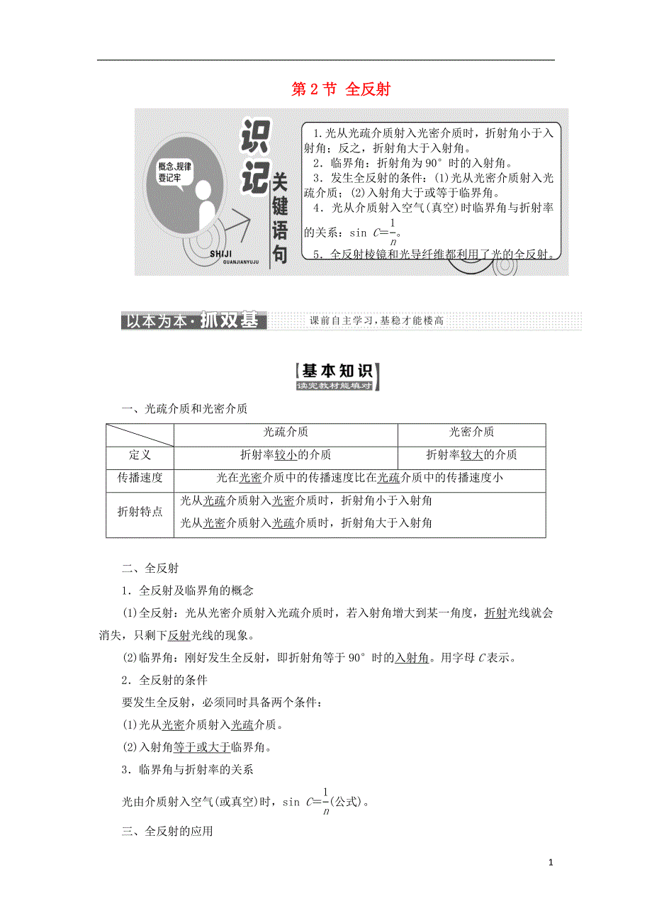 2017-2018学年高中物理 第十三章 光 第2节 全反射教学案 新人教版选修3-4_第1页