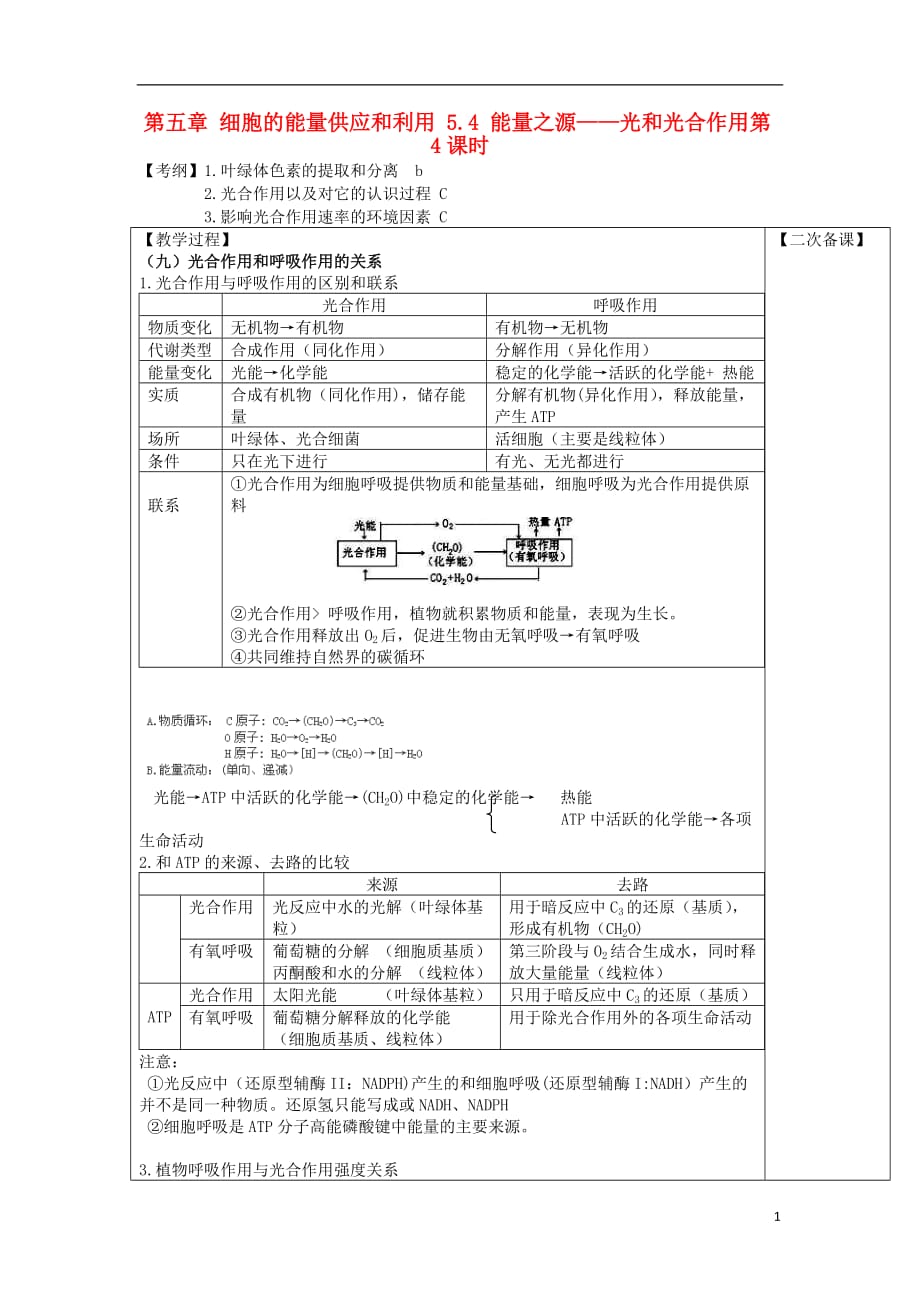 江苏省江阴市高中生物 第五章 细胞的能量供应和利用 5.4 能量之源&mdash;&mdash;光和光合作用（第4课时）教案 新人教版必修1_第1页