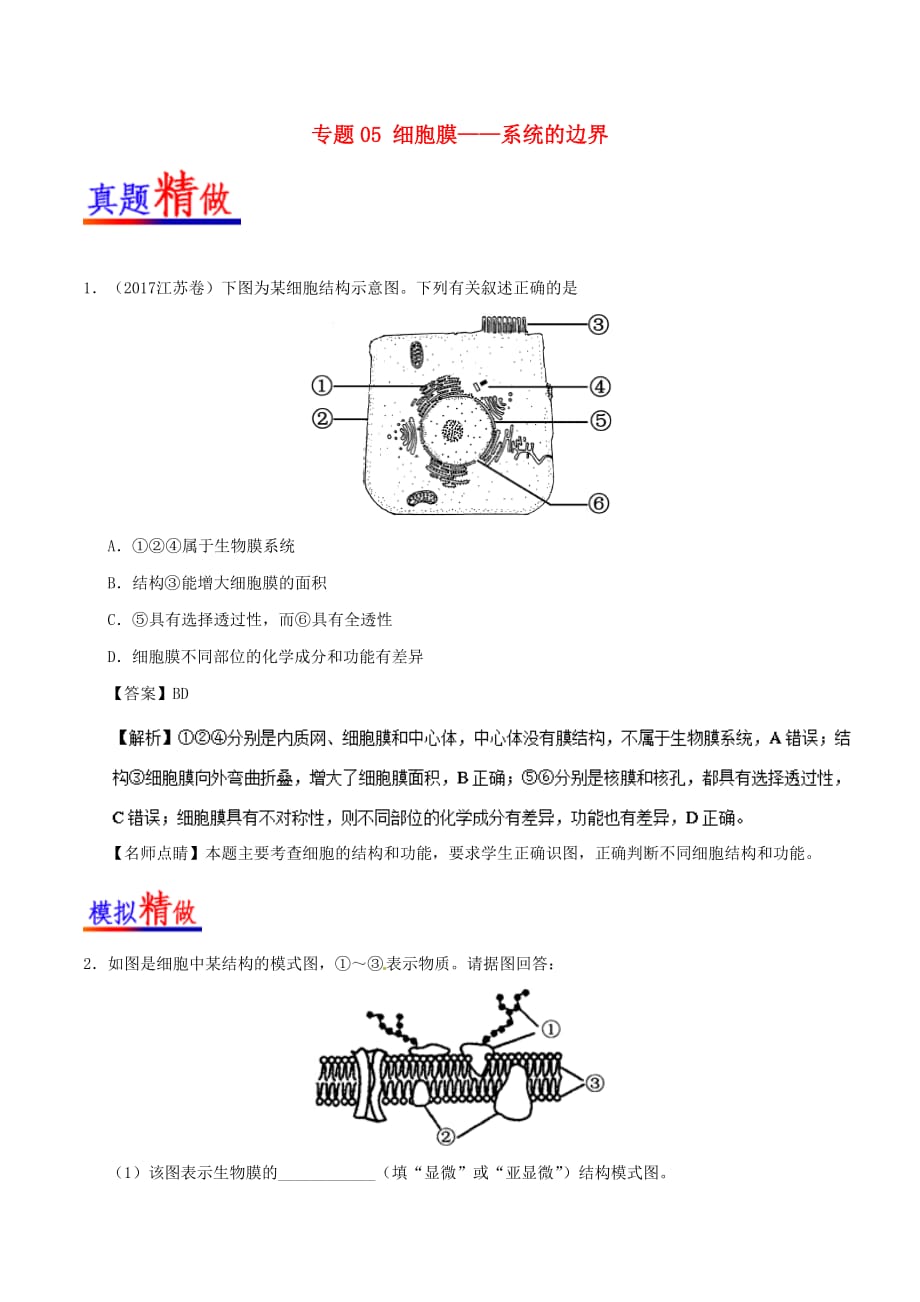 (2019-2020)【重点资料】高中生物-专题05-细胞膜——系统的边界-试题君大题精做-新人教版必修1【必备资料_第1页