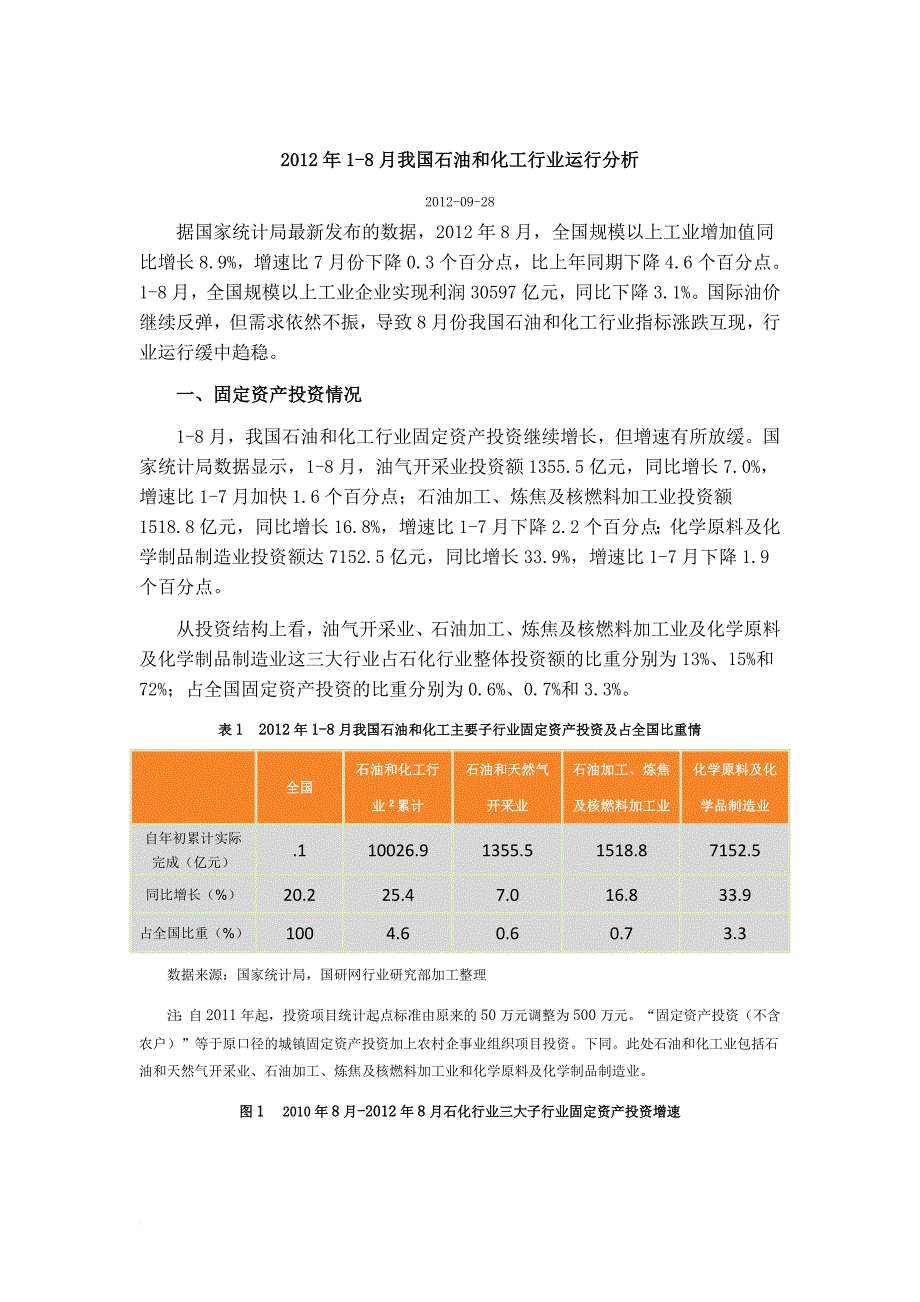 2012年1-8月我国石油和化工行业运行分析_第1页