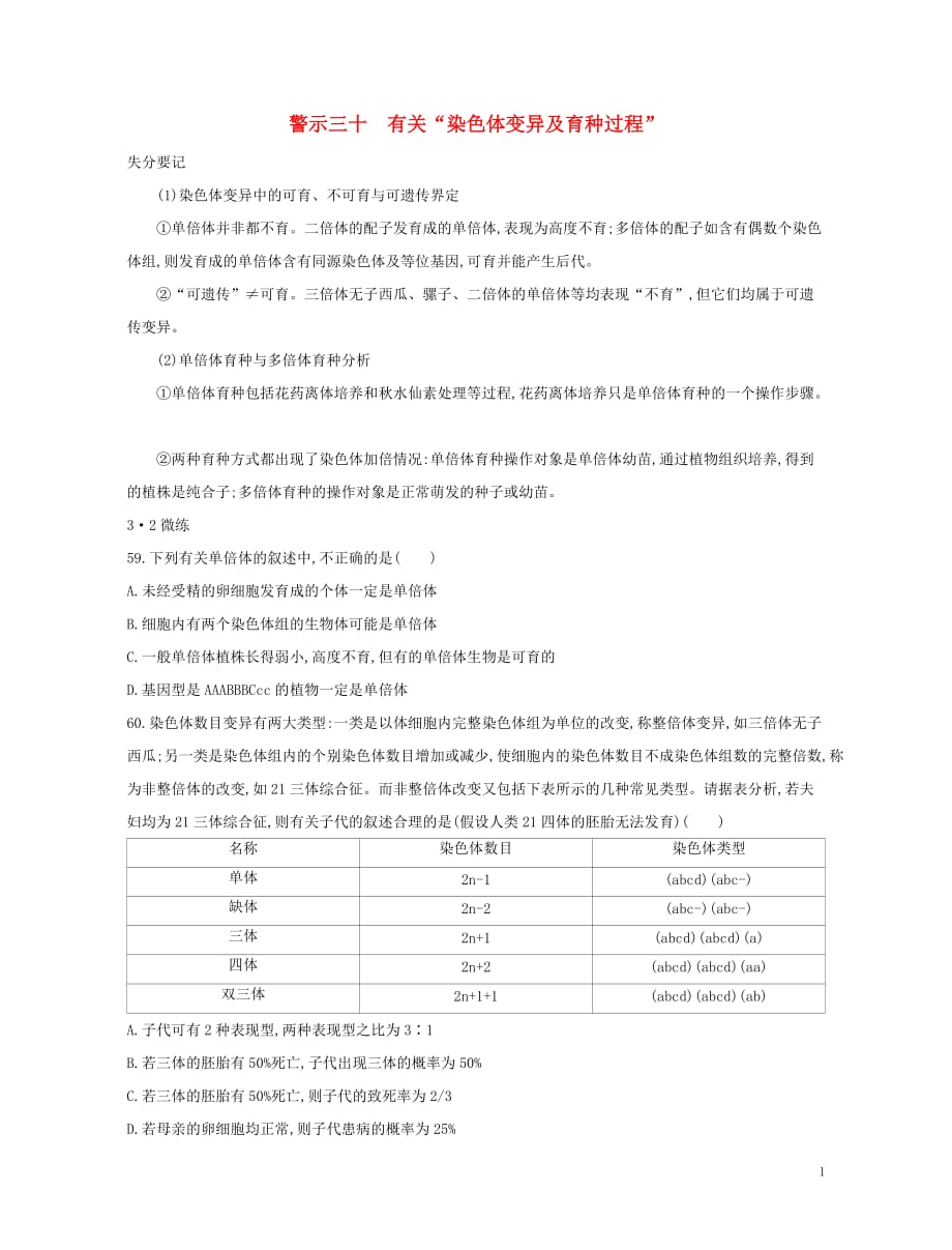 （北京专用）2019版高考生物一轮复习 第二篇 失分警示100练 专题三十 有关&ldquo;染色体变异及育种过程&rdquo;_第1页